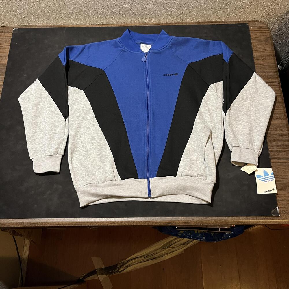 Adidas Originals Jacket Mens Large Blue Black Gray Zip Track Colorblock Trefoil